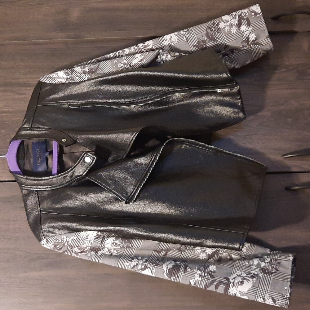 Black faux leather side zip jacket, floral sleeves